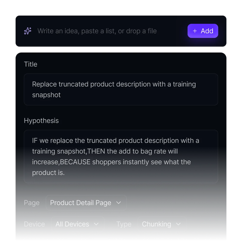 An idea typed in one line becomes a titled hypothesis tagged with page, device and type