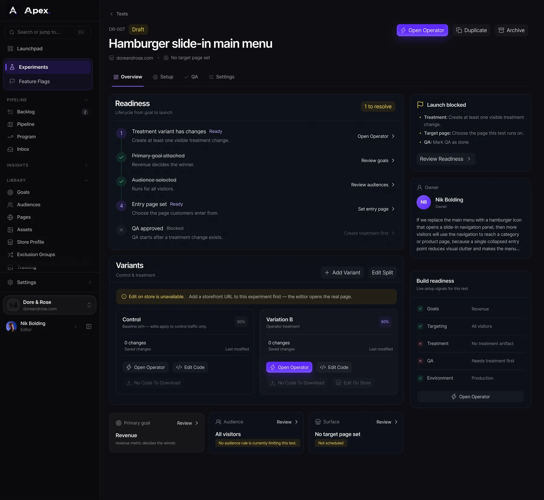 Apex experiment detail with the readiness checklist and variants