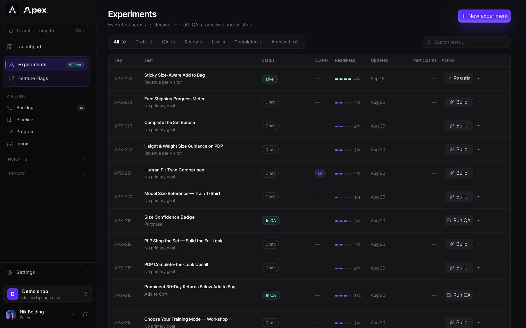 Apex experiments list with live, scheduled and draft tests